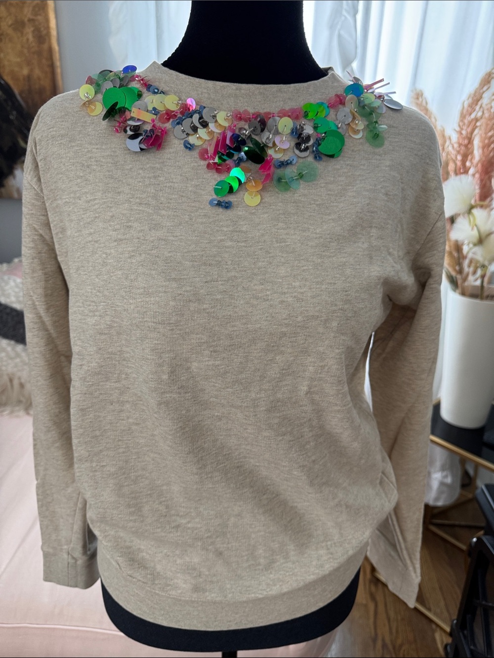 J. Crew Beige Crewneck Sweater with Multicolor Sequin Collar Holiday Sparkle